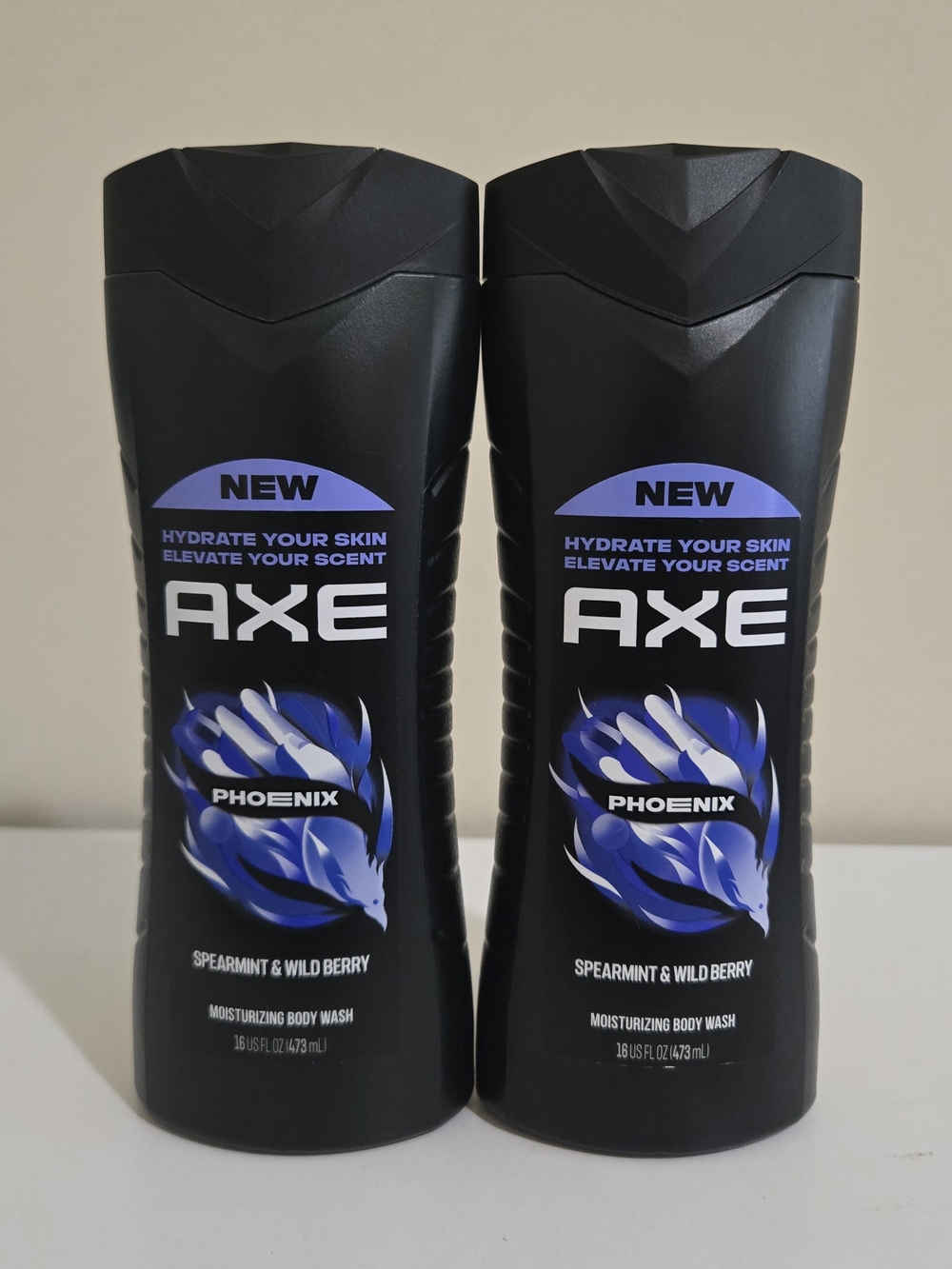 2 New AXE Phoenix Moisturizing Body Wash - Spearmint & Wild Berry, Black/Blue